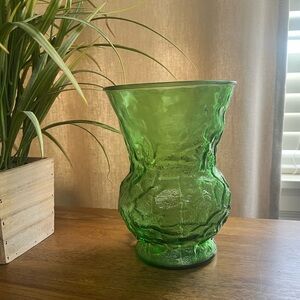 Vintage EO Brody Co Green Crinkled Glass Wide Mouth Vase